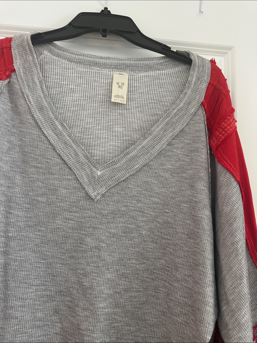 Free People Gray V-Neck Sweater with Red Shoulder Panels
